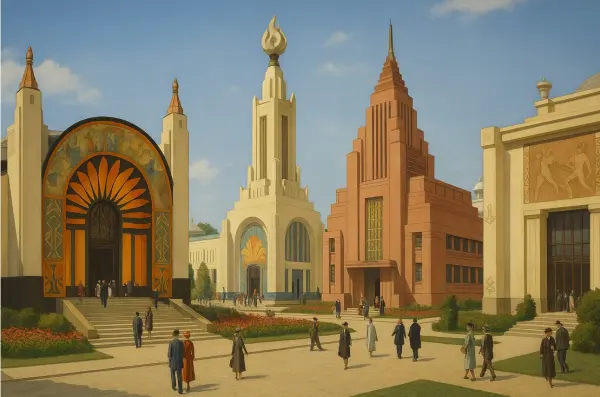 Panorama of pavilions at the 1925 International Exhibition in Paris Panorama of pavilions at the 1925 International Exhibition in Paris