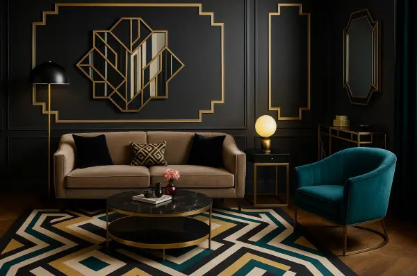 Modern Art Deco interior with geometry, contrasts, and elements of luxury Modern Art Deco interior with geometry, contrasts, and elements of luxury
