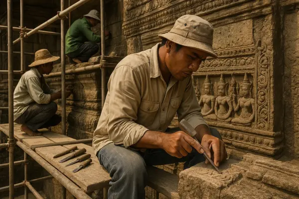 Cambodian restorers working on the restoration of Angkor temples