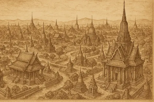 Historical view of Thai city Ayutthaya with traditional temples and prasat towers