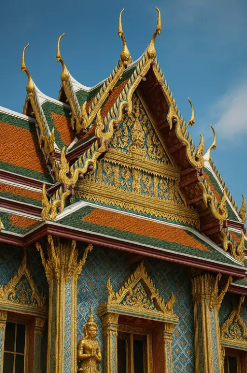 Decorative multi-tiered roof of a Thai temple with chofa ornament and carvings
