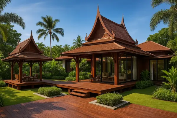 Modern house in Thai style with open pavilion, terrace, and elements of traditional architecture