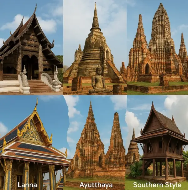 Comparison of regional styles of Thai architecture: Lanna, Sukhothai, Ayutthaya, Rattanakosin, and Southern style