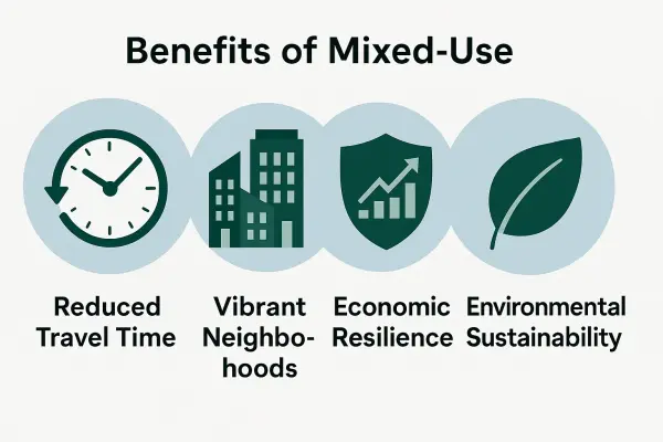 Infographic of mixed-use building advantages: convenience, ecology, profitability