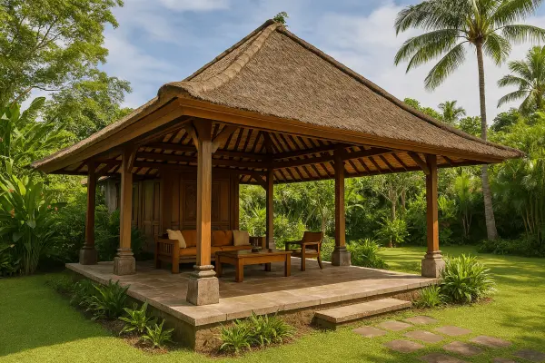 Residential house in traditional Balinese style with open layout and gabled roof Residential house in traditional Balinese style with open layout and gabled roof