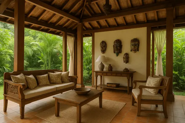 Interior in Balinese style with carved furniture and elements of ethnic decor Interior in Balinese style with carved furniture and elements of ethnic decor