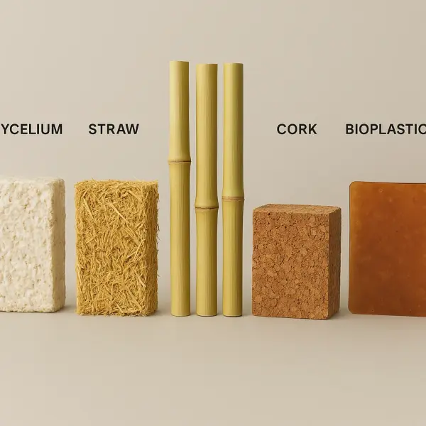 Samples of biomaterials: mycelium, bamboo, straw, cork and bioplastic for architectural application Samples of biomaterials: mycelium, bamboo, straw, cork and bioplastic for architectural application
