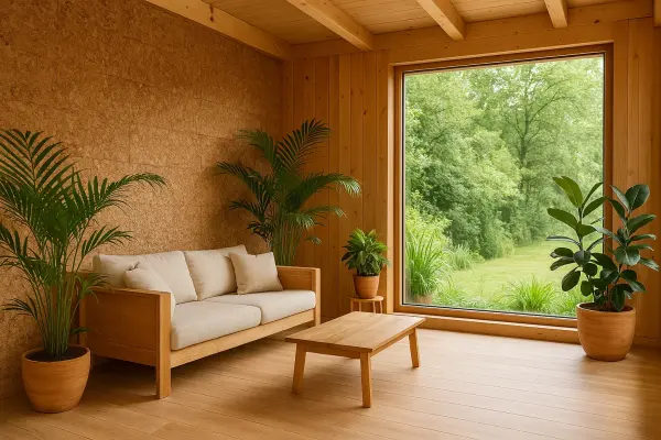 Interior of an eco-house with natural material finishes and green plants Interior of an eco-house with natural material finishes and green plants