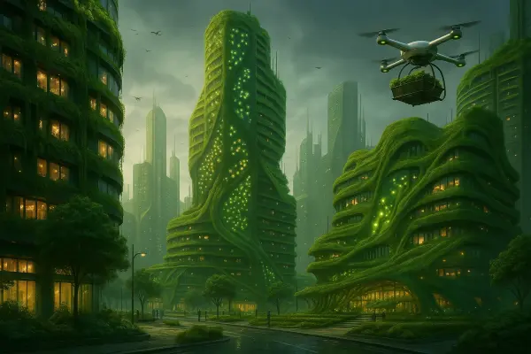 Візуалізація міста майбутнього з живими біоматеріальними фасадами та розумною архітектурою