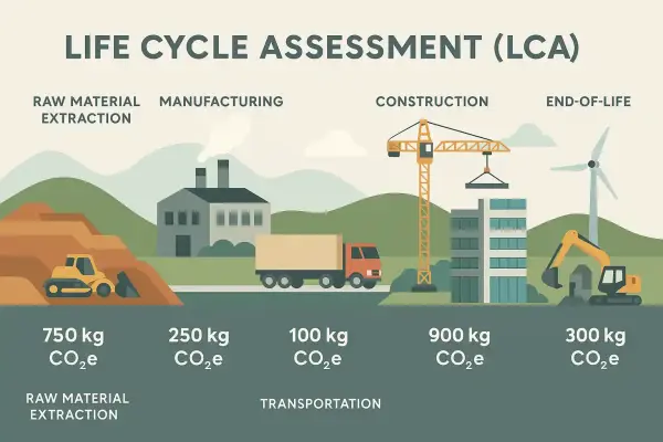 Схема життєвого циклу будівлі з етапами викидів вуглецю та методами вуглецевого обліку.