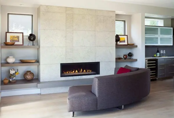 Ribbon fireplace with tile to ceiling