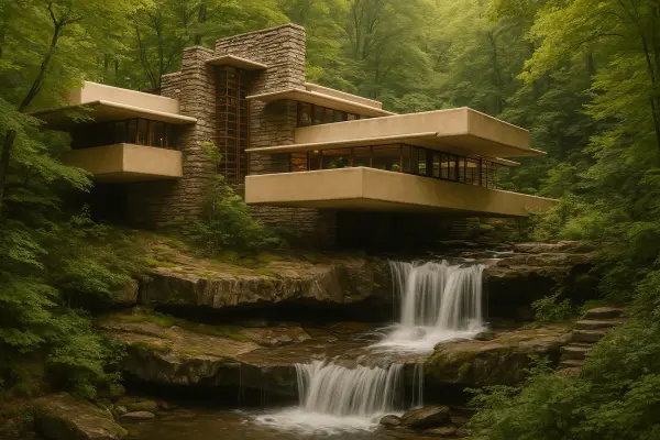 Органический интерьер в стиле Фрэнка Ллойда Райта, интегрированный с природным ландшафтом