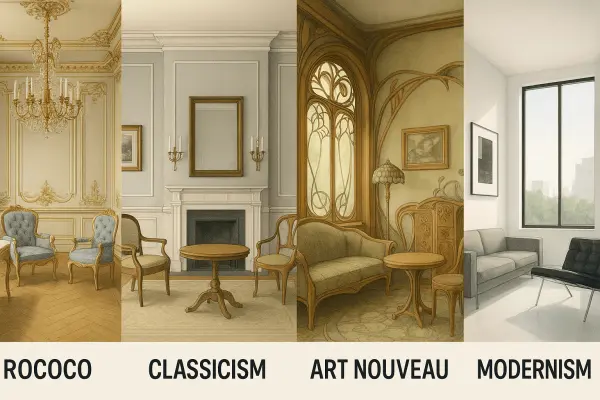 Сравнение интерьерных стилей: рококо, классицизм, модерн, модернизм