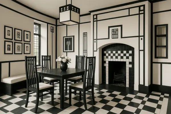 Интерьер в стиле Чарльза Ренни Макинтоша с геометрическими формами и черно-белой палитрой