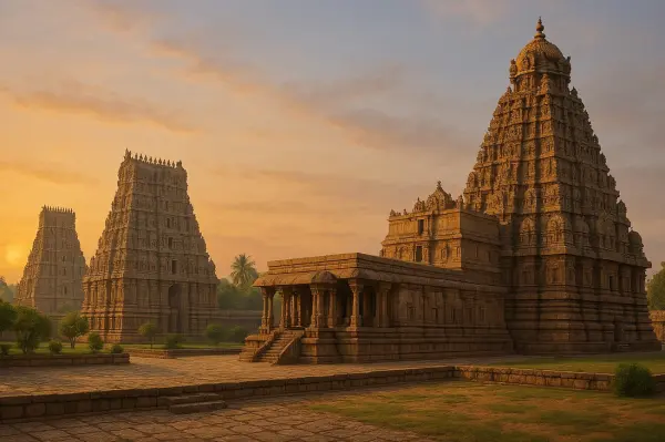 Panorama of a Dravidian temple with gopurams in Tamil Nadu at dawn