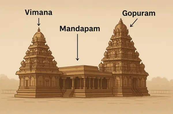 Structure of a Dravidian temple with labeled elements: vimana, gopuram, mandapam