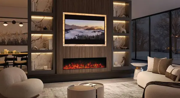 Electric fireplace with built-in media wall Electric fireplace with built-in media wall