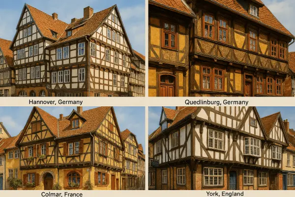 Historic half-timbered houses in Europe with visible wooden construction Historic half-timbered houses in Europe with visible wooden construction