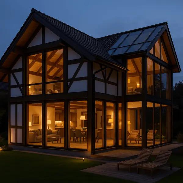 Hybrid house combining half-timbered structure with Huf Haus style glazing Hybrid house combining half-timbered structure with Huf Haus style glazing