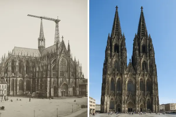 Photo of Cologne Cathedral in the 19th century with a crane + modern photo after restoration (before/after)