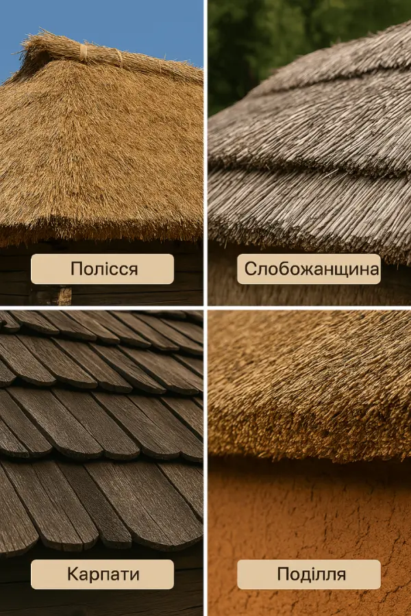 Типи традиційних покрівель України: солом'яна, очеретяна, ґонтова та глиносолом'яна