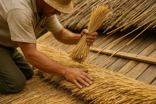 Майстер укладає солом'яні снопи на дах за традиційною технологією