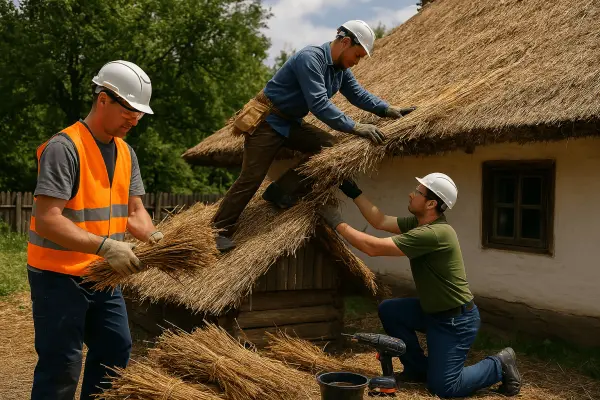 Сучасні майстри вручну реставрують солом'яний дах старовинної української хати