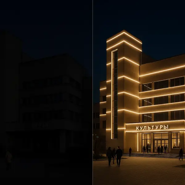 Comparison of a building before and after architectural lighting — an example of transformation Comparison of a building before and after architectural lighting — an example of transformation