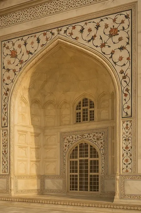 Arches and dome with marble inlay — characteristic features of the Mughal style
