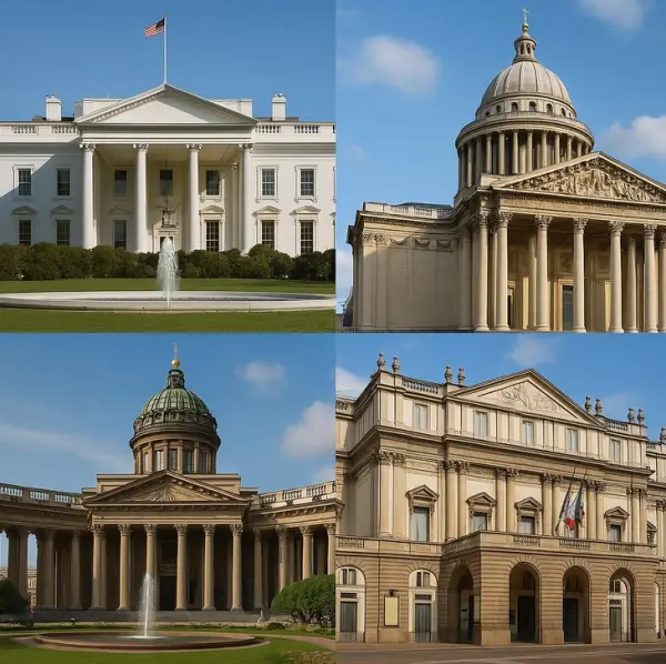 Collage of buildings: White House, Kazan Cathedral, Pantheon, La Scala