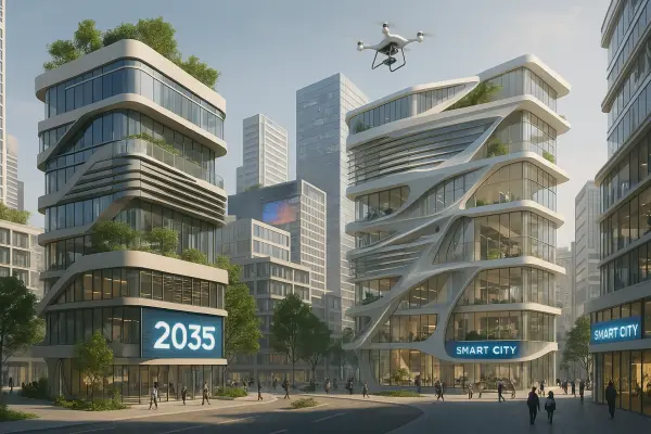 Архітектурний ландшафт майбутнього з адаптивними ШІ-будівлями в місті 2035 року