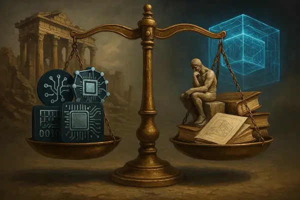 Символічне зображення конфлікту між цифровими технологіями та архітектурною автентичністю