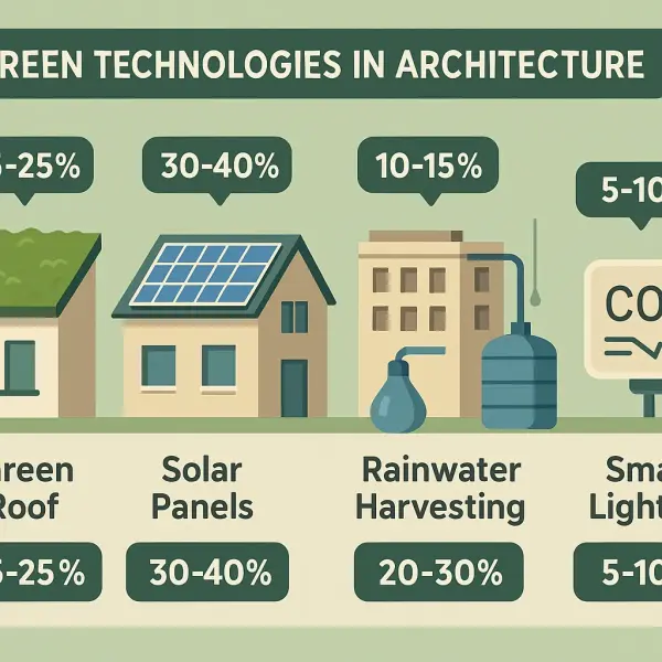 infographic with green roof, solar panels, and water-saving systems infographic with green roof, solar panels, and water-saving systems