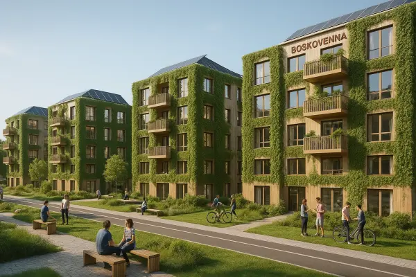 eco-friendly residential complex with green facades and solar panels eco-friendly residential complex with green facades and solar panels