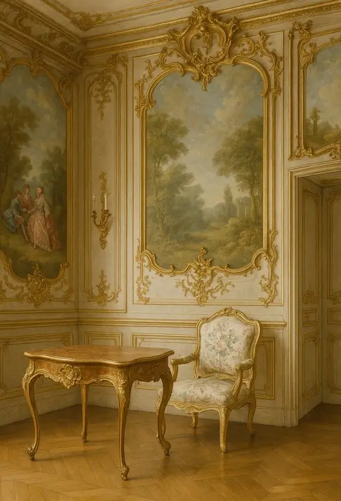Fragment of a Rococo interior with furniture, frescoes, and rocaille