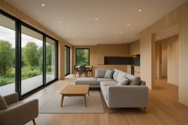 Interior of a modular home with spacious layout adapted for mobility-impaired residents Interior of a modular home with spacious layout adapted for mobility-impaired residents