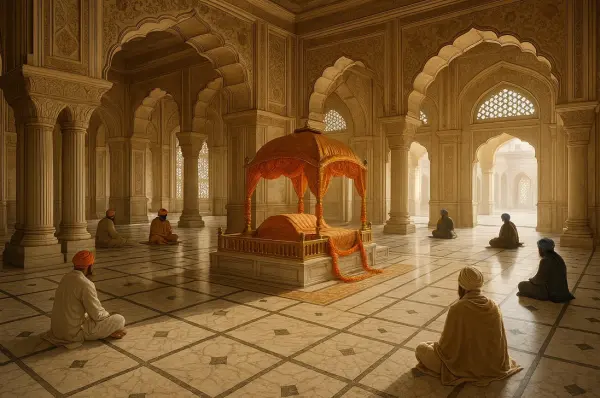 Traditional hall in Punjabi architectural style with a canopy and people sitting in a peaceful atmosphere