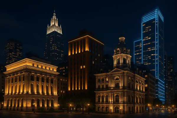 Night panorama of a city with architectural illumination of buildings in different styles Night panorama of a city with architectural illumination of buildings in different styles