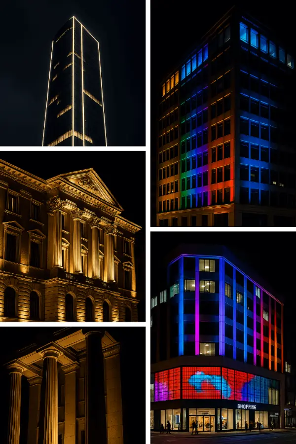 Examples of facade lighting types: contour, flood, accent, dynamic and media facades Examples of facade lighting types: contour, flood, accent, dynamic and media facades