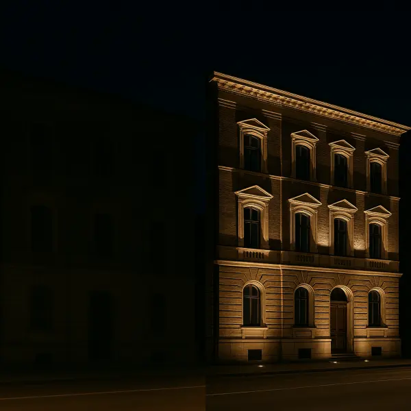 Comparison of a building facade before and after installation of architectural lighting