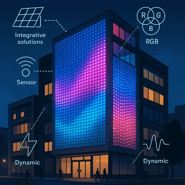 Interactive facade with modern lighting technologies: sensors, RGB, solar panels