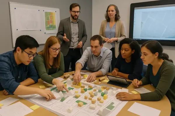 Participants of architectural workshop creating a neighborhood model