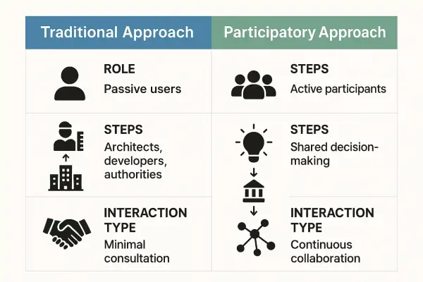 Infographic comparing traditional and participatory architectural approaches