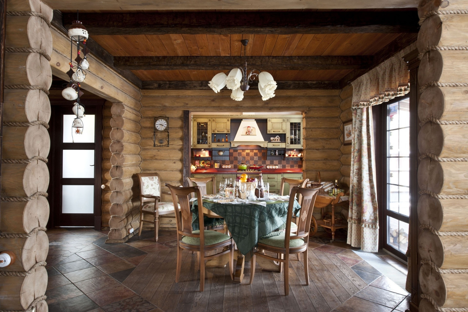 Interior design of a wooden log house inside