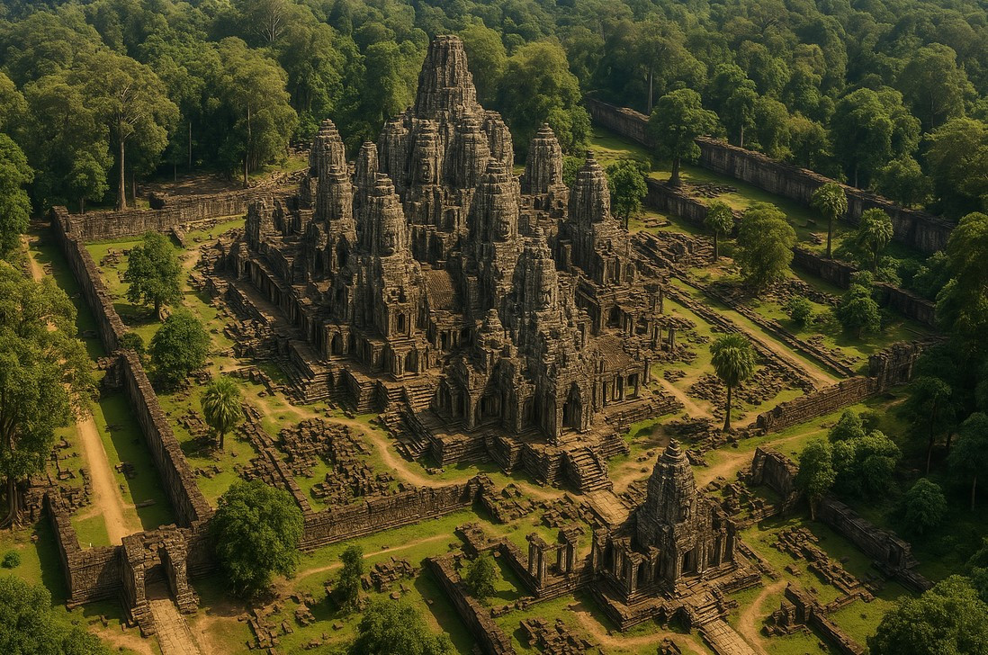 Aerial photography of the Angkor Thom temple complex and Bayon temple with face-towers