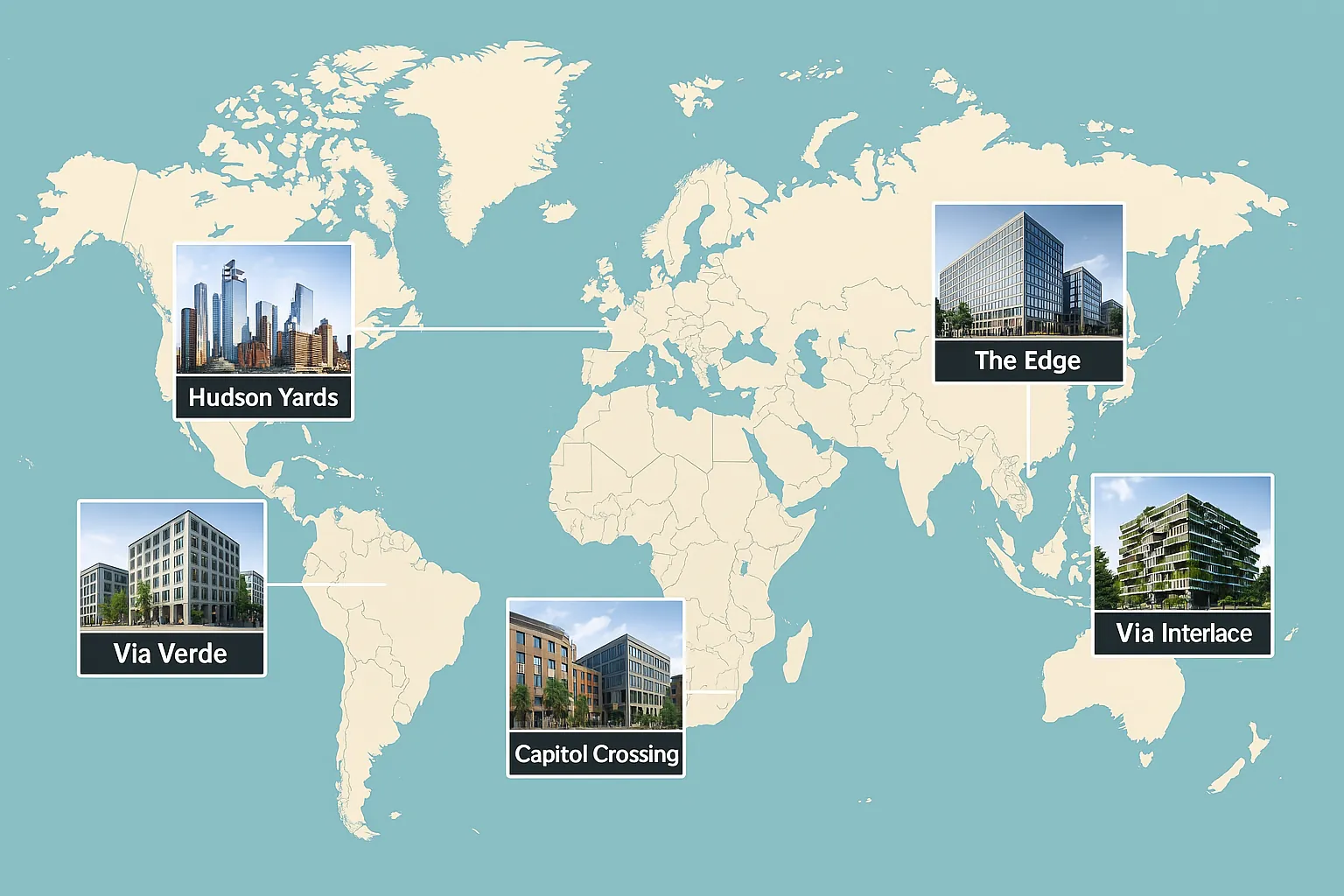 Global map with examples of largest mixed-use complexes by countries