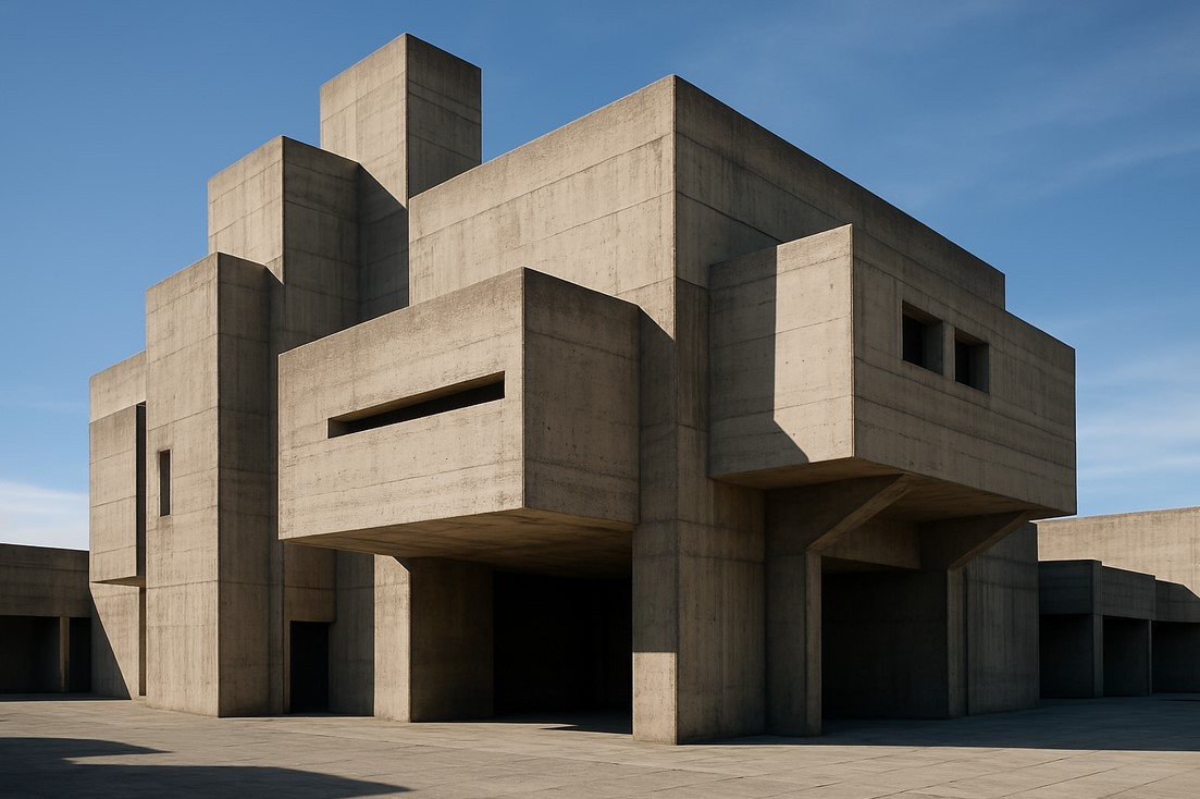 A typical brutalist building with rough concrete and geometric form