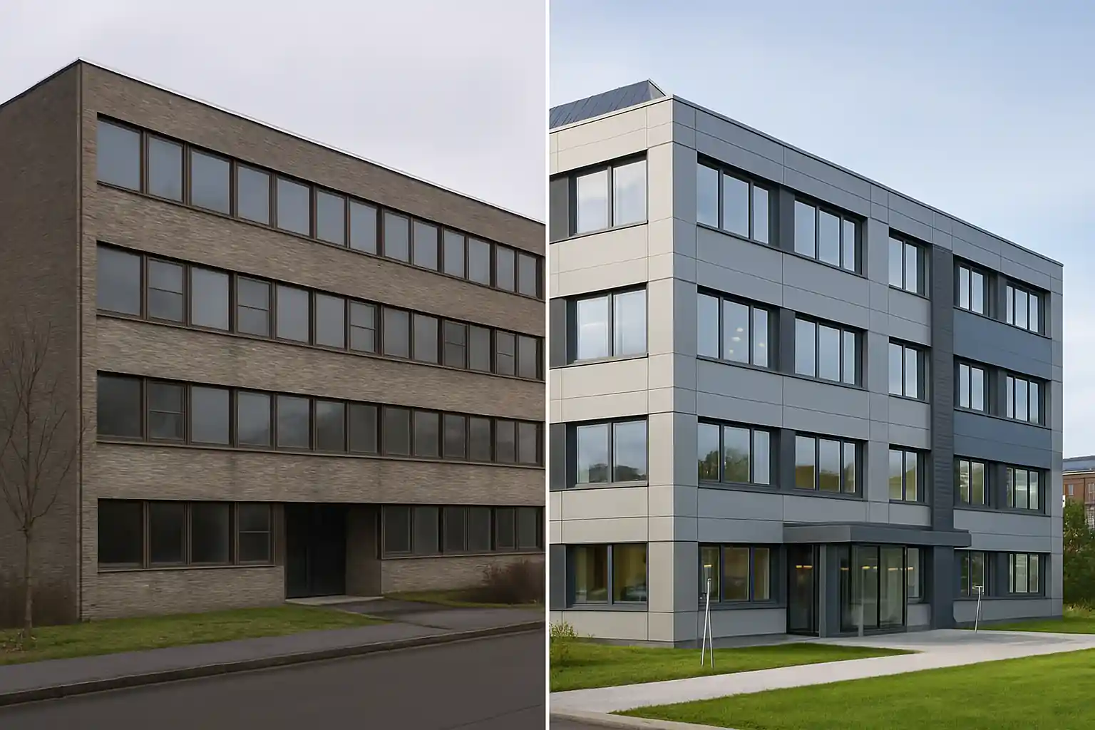 Building before and after energy-efficient retrofit with solar panels and updated facade