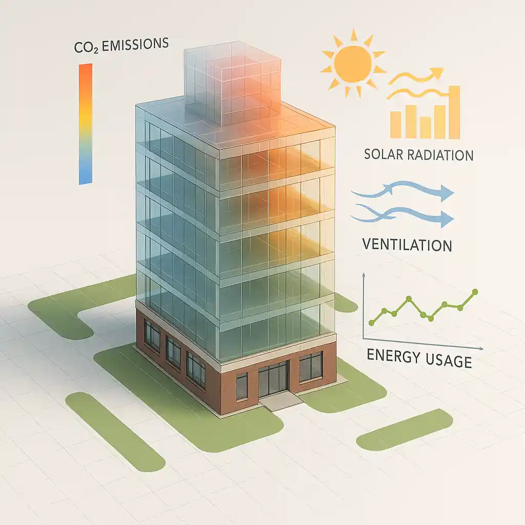 BIM model of building showing carbon footprint and energy consumption
