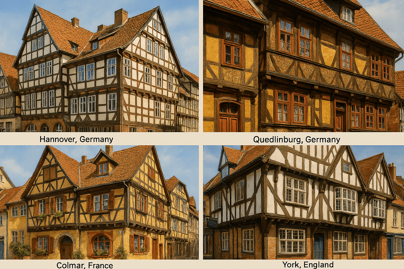 Historic half-timbered houses in Europe with visible wooden construction